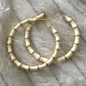 Gold Bamboo White Enamel Pierced Hoop Earrings. Possibly Lilly